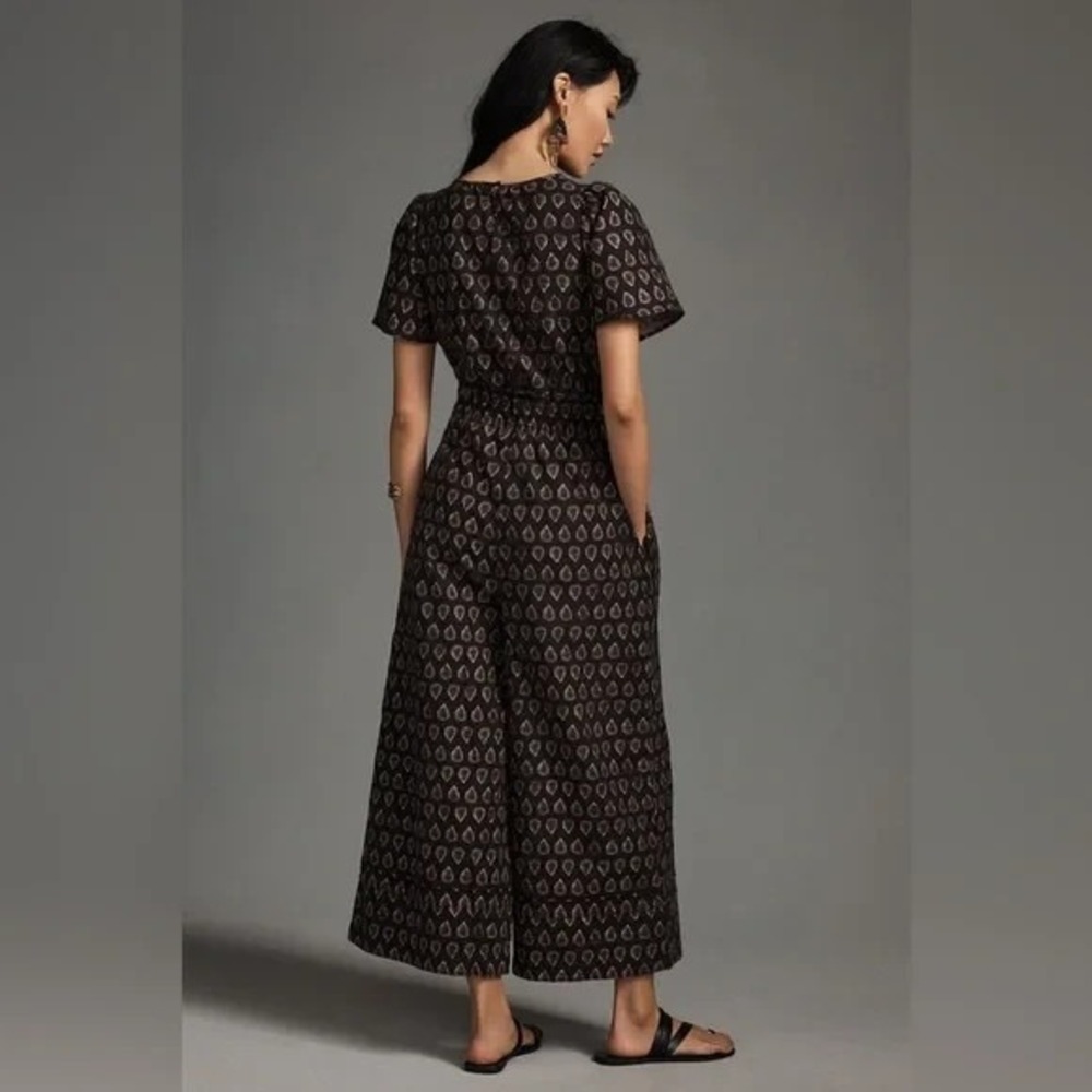 Anthropologie Black Patterned Short-Sleeve Jumpsuit - Picture 2 of 12